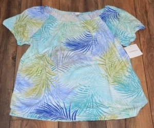 Croft & Barrow Smocked Top Teal Leaf Scoop Neck with Elastic Sleeve Hem - Picture 1 of 2