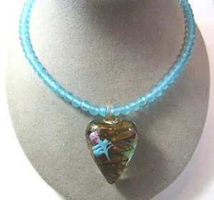 Blue Glass Paperweight Flower Heart Pendant 17" Necklace Sterling Silver Clasp - Picture 1 of 7