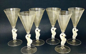 6 Antique Salviati Murano Venetian Wine Glasses w/Seahorse Steam And Gold Flecks