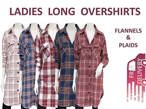 LADIES FLANNEL/PLAIDS LONG OVER SHIRTS WITH SIDE POCKETS - Picture 1 of 11