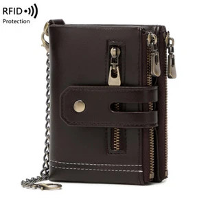 Personalised Custom Engraved RFID Blocking Mens Soft Leather Zip Wallet w/Chain - Picture 1 of 27