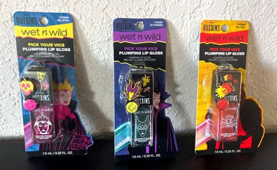 Wet N Wild Disney VILLAINS Plumping Lip Gloss +Charm LOT 3 Evil Maleficent Cruel - Image 1 of 4