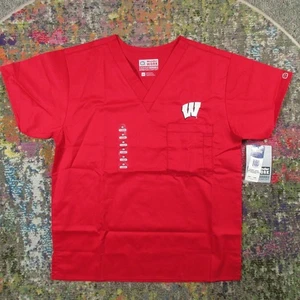 Wisconsin Badgers Scrub Top Adult XS Oversized Stretch V Neck Wonder Work NEW - Picture 1 of 10