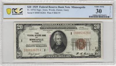 Fr.1870-i 1929 Minneapolis $20 Federal Reserve Bank Note PCGS VF 30 Details - Image 1 of 2
