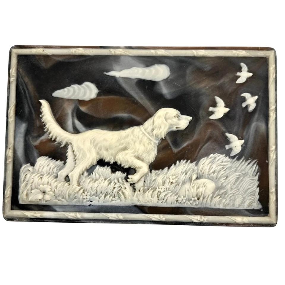 Vintage Incolay Stone Jewelry Box Hunting Dog Scene Pointer  - Image 1 of 4