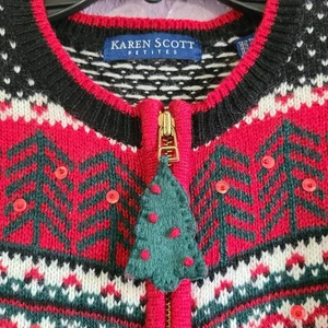 Vtg Karen Scott Petites Wool Blend Christmas Holiday Zip Cardigan Sweater PS - Picture 1 of 7