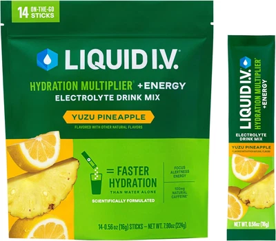 Liquid I.V. Multiplicador de Energía Yuzu Piña Electrolito Bebida Mezcla 1 Paquete 14ct Foto 1 de 4
