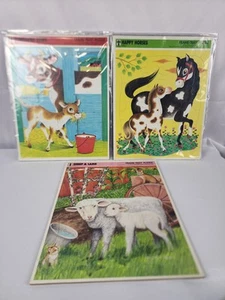 1968 Vintage Lot of 3 Frame tray PUZZLES Happy Horses Cows Sheep Lamb ANIMALS - Picture 1 of 6