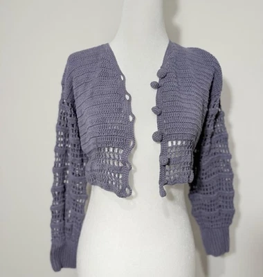Cárdigan de ganchillo lavanda; 100 % algodón; talla XS; recortado Foto 1 de 4