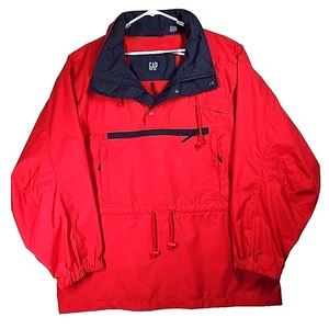 Vtg 90s GAP Anorak Jacket Men XL Red Blue Windbreaker Smock 1/4 Zip Pockets Hood - Picture 1 of 20