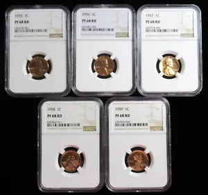 1955 - 1959 Lincoln Cent NGC Proof-68 RD (5 Coins) - Picture 1 of 2