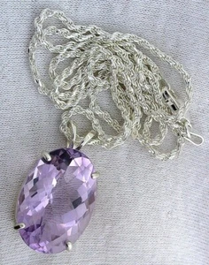 21.46 Ct Checkerboard Oval Rose Amethyst Sterling Pendant 20 Inch Chain Necklace - Picture 1 of 2