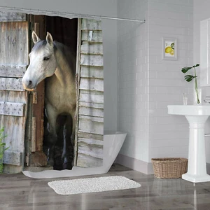 Gris Caballo Ducha-Cortina Rústica-Granero Impreso Cortina Impermeable con 12 Ganchos - Imagen 1 de 7
