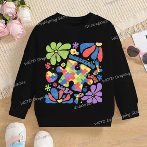 Vintage Autism Puzzle Flower Children's Clothing 2025 New Long Sleeve Crewneck Y - Picture 1 of 84