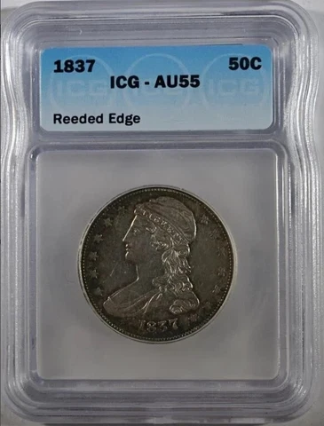 1837 50c Reeded Edge Bust Half Dollar ICQ AU58 Beautiful Toning+Shiny In Person Cover