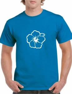 Hibiscus Flower Tee Hawaiian Hawaii Island Maui White Royal Blue Cotton T-shirt - Picture 1 of 3