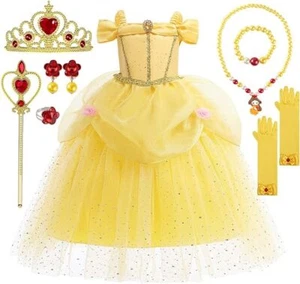 Little Girls Belle Costume Princess Dress Up Fancy Dress Accessories Set Outfit - Picture 1 of 10