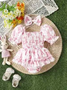 New Baby Girls Pink White Spring Easter Bunny Print Dress with Bow 6-12 Months - Picture 1 of 4