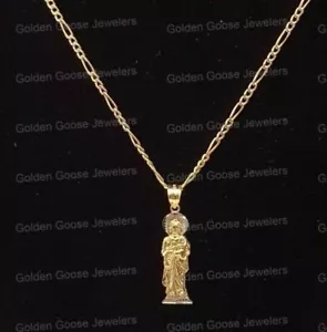 Real 14K Yellow White Gold St. Jude Saint Pendant Charm 3D 18 Inch Figaro Chain - Picture 1 of 12
