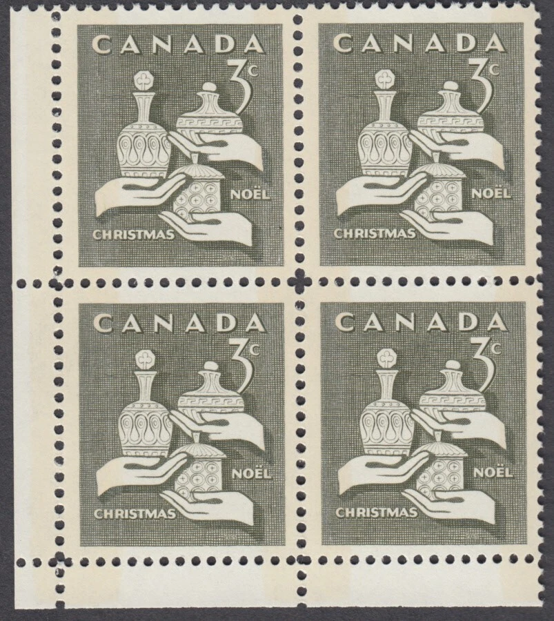 Canadá - #443p Navidad, etiquetado W2B, ribete estrecho, bloque de esquina - MNH Foto 1 de 1