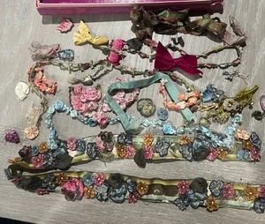 Lot Antique Handmade French SILK RIBBONWORK Trims ROSES + Ribbons * Salvaged - Picture 1 of 7