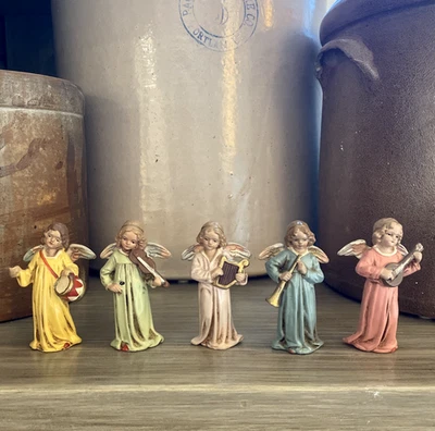 VTG German Composition Angel Band Figurines Set of 5 Playing Instruments FLAWS - Image 1 of 4