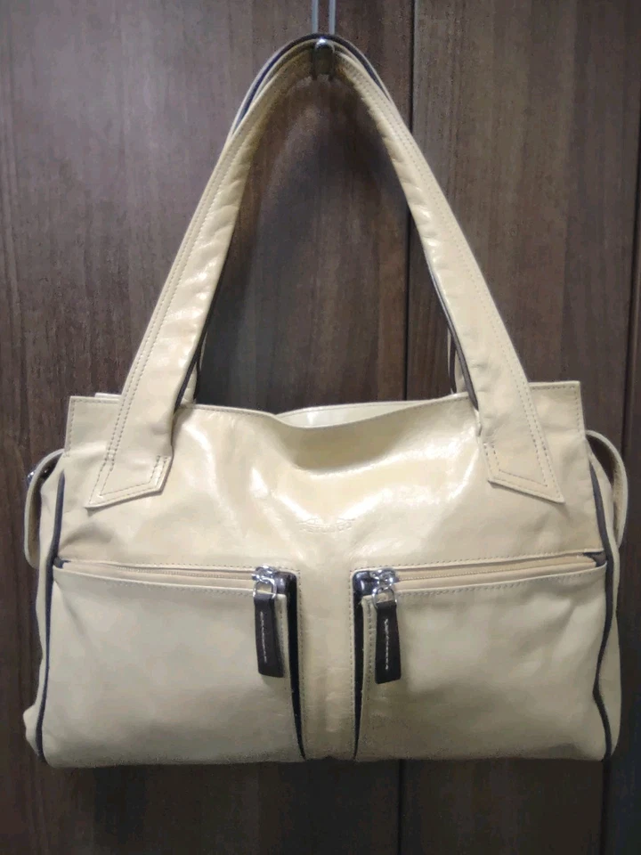 Bolso de Mano Petusco Cuero Crema Cartera con Borde de Cuero Marrón Italia 14"X11"X3" Foto 1 de 4