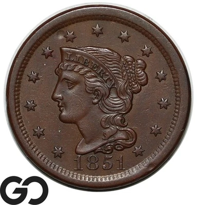 1851 centavo grande, cabelo trançado, escolha escassa AU++/Unc data inicial cobre - Imagem 1 de 3