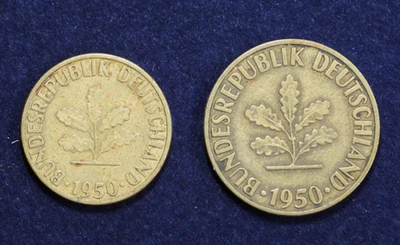 1950 F G Germany 10 & 5 Pfennig Brass Plated Steel Coins KM# 108 & 107 - Image 1 of 4