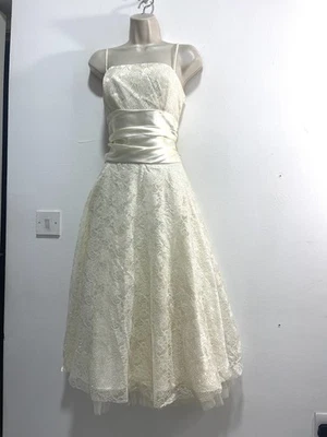 Атласное платье цвета слоновой кости без рукавов мерцающие блестки пояс миди вечеринка размер 12 - Изображение 1 из 4