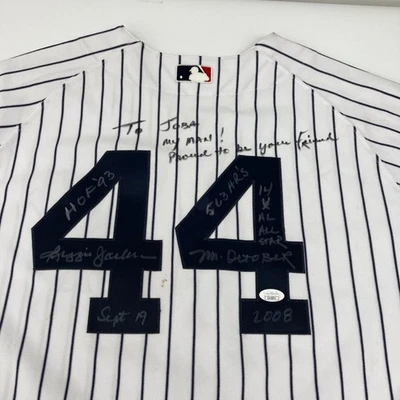 Reggie Jackson Signed Heavily Inscribed STATS New York Yankees Jersey JSA - Image 1 of 4