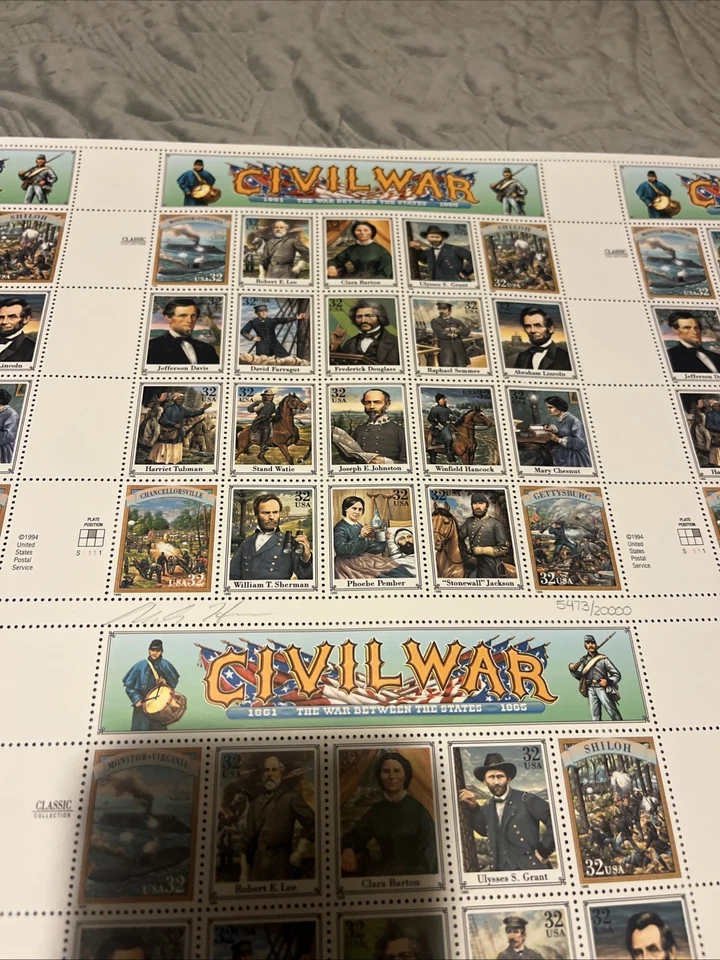 Марки Почтовой службы США времен гражданской войны - лист 20 центов 32 цента - 1994 классическая коллекция винтаж - Изображение 1 из 3