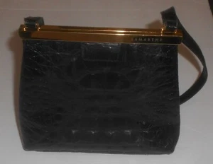 Vintage Unique Lamarthe Paris Black Calfskin Leather Croc Embossed Handbag Italy - Picture 1 of 10