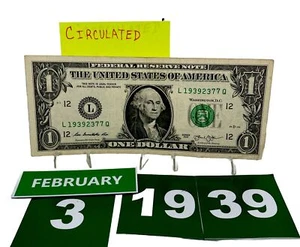 Birthday/Anniversary Dollar February 3 1939 .  Fancy Serial Number Circulated - Picture 1 of 11