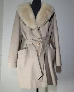 Vtg Country Pacer Wool Long Belted Shearling Fur Collar Women's Coat Sz L - Picture 1 of 12
