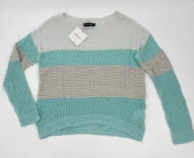 全新 Ellen Tracy 毛衣女式小号蓝色米色条纹开放式针织套衫冬季 — 第 1/4 张图片