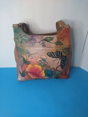 Bolsos de mano vintage de cuero pintados a mano Anuschka Black Butterfly usados Foto 1 de 3