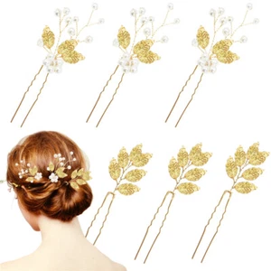 6 PIEZAS Alfileres para el cabello de hoja de boda dama de honor cristal diamante perlas clips de novia agarre - Imagen 1 de 30
