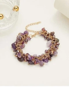 Bracelet Women Natural Quartz Stone Purple Grey Beautiful Accessory Gold Plated - Picture 1 of 3