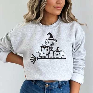 Adorable Halloween Pets on Broom Design Sweatshirt - Picture 1 of 13