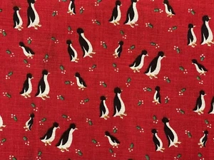 VINTAGE LITTLE PENGUINS ON RED 100% COTTON FABRIC - Picture 1 of 2