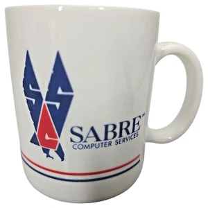 American Airlines Sabre Coffee Cup Mug Computer 1970s Red White Blue Vintage - Picture 1 of 8