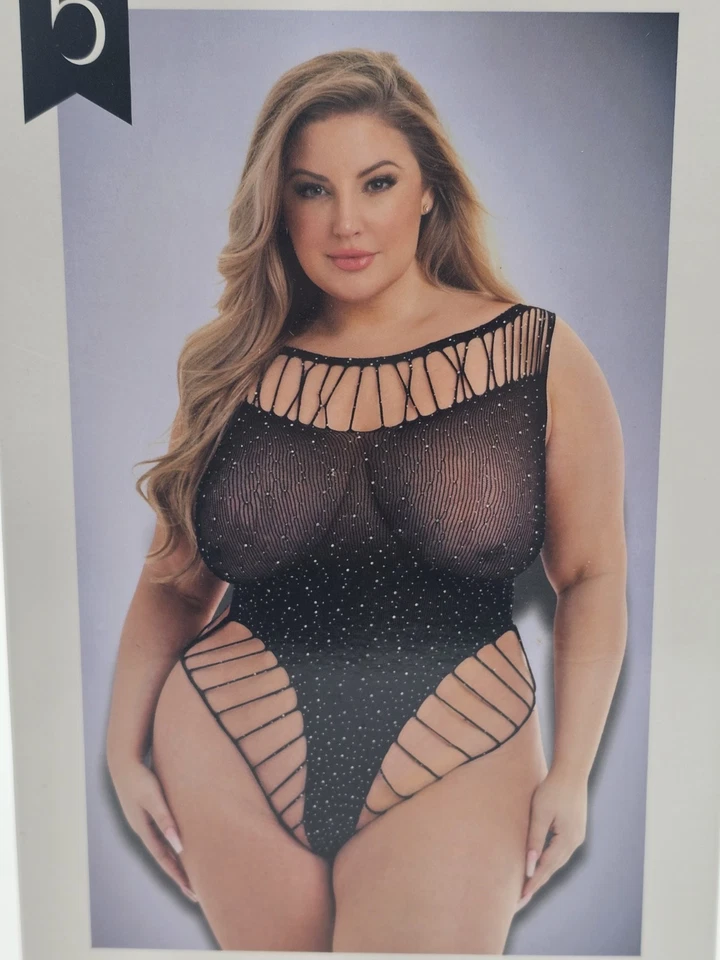 Baci Lingerie Women's Queen Size 14-18 Black Lace Sheer Sexy Diamonte Bodysuit - Image 1 of 4