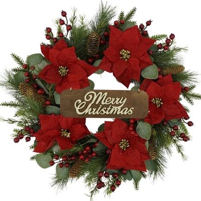 20 inch Artificial Christmas Wreath Winter Wreath with Poinsettia,Eucalyptus ... - Image 1 of 4