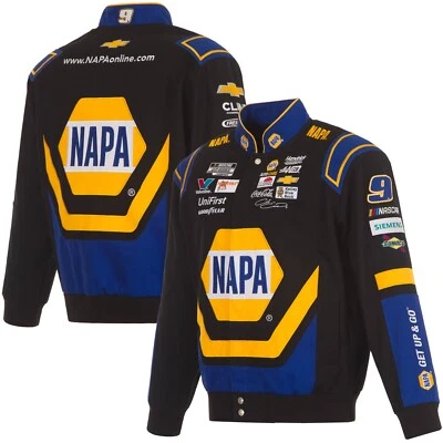 Chaqueta a presión completa Nascar Chase Elliott JH Design negra Royal NAPA de sarga de algodón Foto 1 de 4
