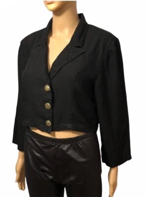 Blazer corto vintage hecho a mano 100 % lino negro talla 8 Foto 1 de 4