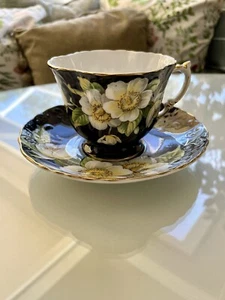 Aynsley England Porcelain Cup And Saucer Black Dogwood Flowers Gold - Picture 1 of 22