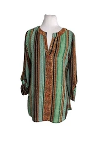 Cato Womens Shirt Size Small Tunic 3/4 Tab Sleeves Stripe Brown Green Paisley - Picture 1 of 8