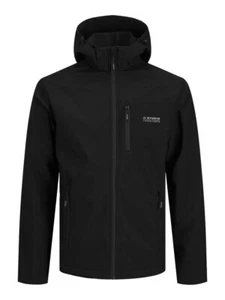 Jack & Jones Jacket Softshell Hooded Full Zip Coat Zip Pockets Black - Picture 1 of 7