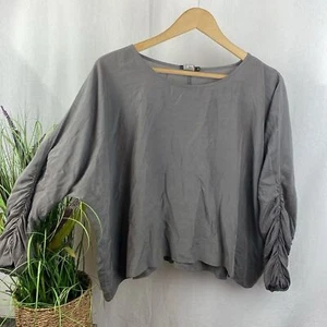 Grizas 100% Silk Gray Long Ruched Sleeve Oversized Cropped Blouse Top M - Picture 1 of 4